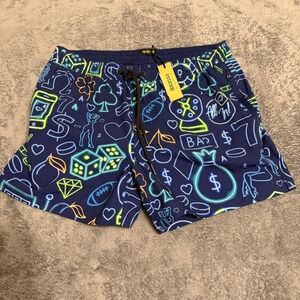 Dolcessa Men's L Blue Neon Casino Gambling Print Swim Trunks Shorts